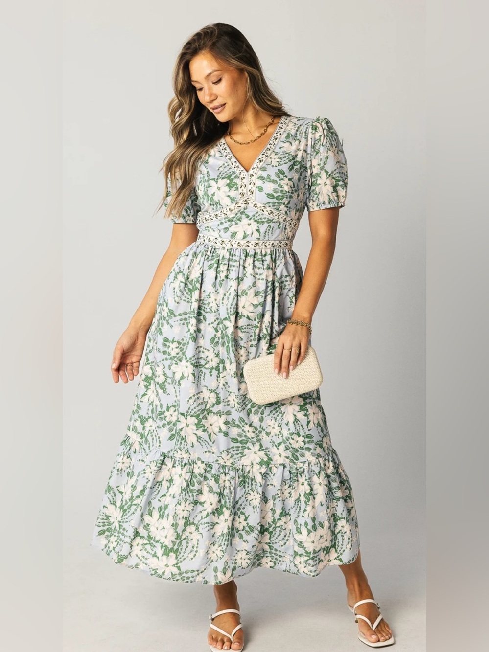 Böhme flattering V-Neck Floral Dress in Light Blue and Green